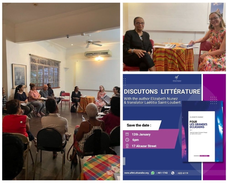 Dr Saint-Loubert doing a bilingual reading with author Elizabeth Nunez showing audience, Dr Saint-Loubert with Elizabeth Nunez and event poster